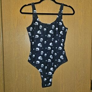 Disturbia Skull Swimsuit - Black One Piece Goth Swimsuit with Skulls US 6, UK 10